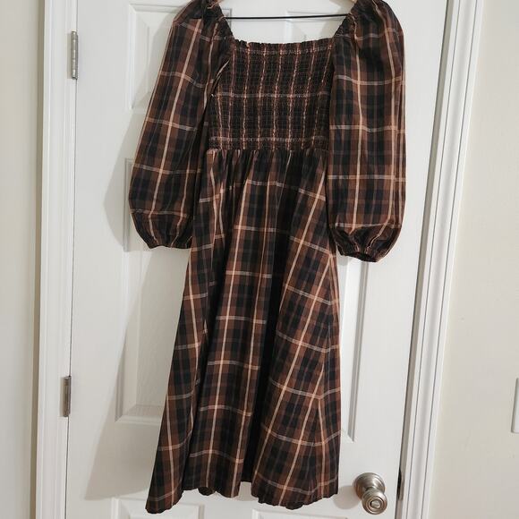 J Crew Smocked Puff-Sleeve  Midi Dress in Brown Friday Plaid, Small - Picture 6 of 11